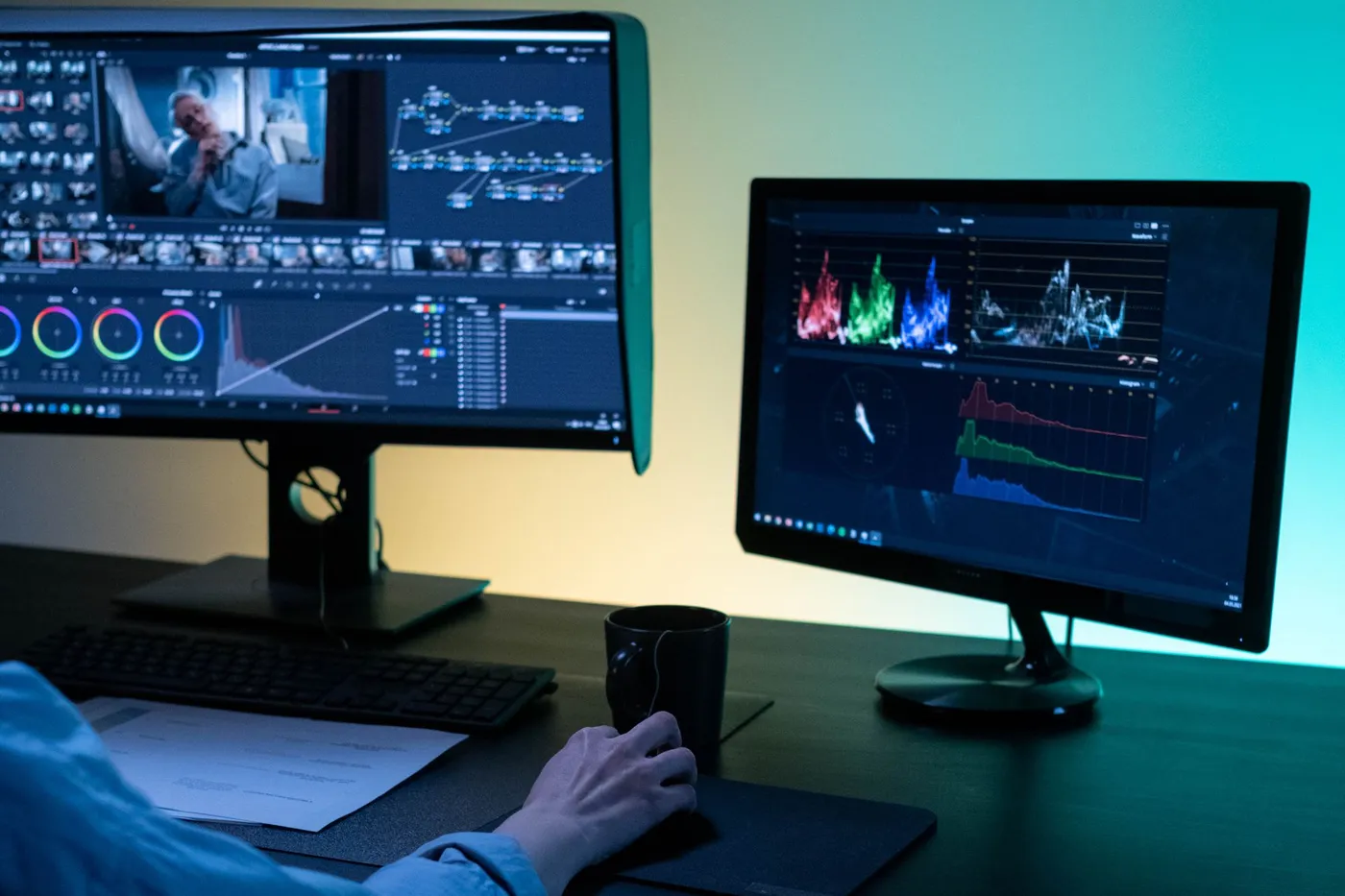 Editing suite with dual monitors showing color wheels, a node graph and RGB scopes beside a keyboard and coffee mug